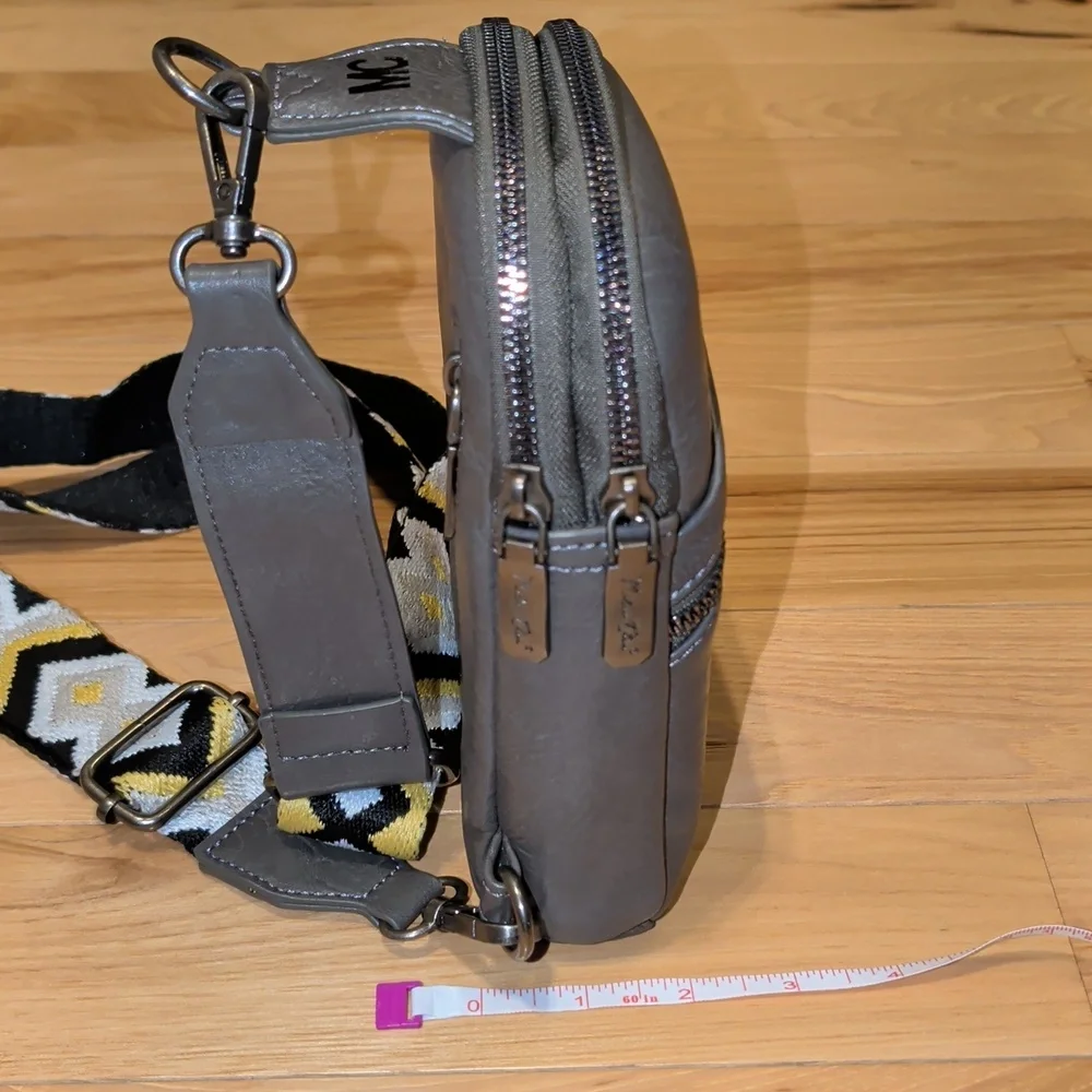 Gray Sling Bag with Yellow Patterned Strap - Lots Of Pockets